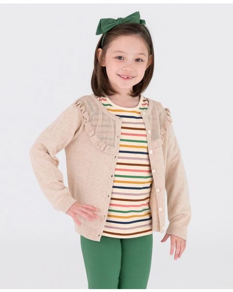 Heather Oatmeal Sweater Knit Ruffle Trim Cardigan