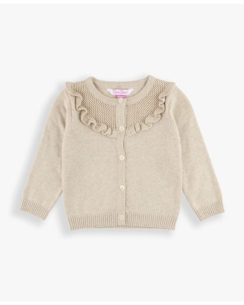 Heather Oatmeal Sweater Knit Ruffle Trim Cardigan