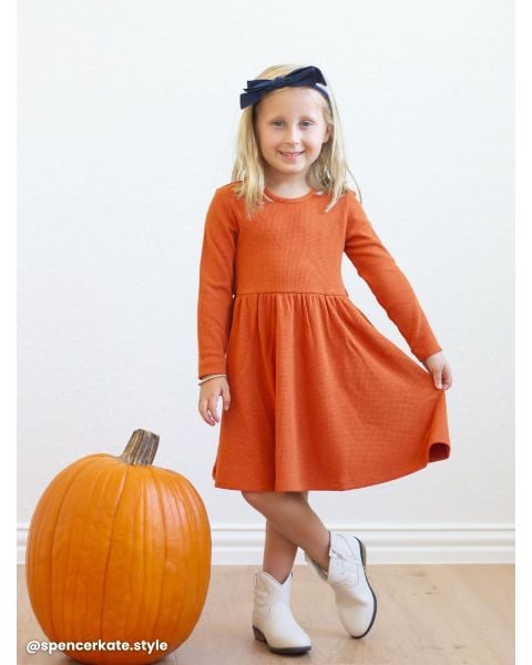 Rust Waffle Knit Long Sleeve Twirl Dress