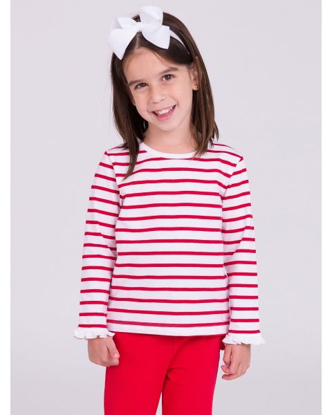 Red & White Stripe Knit Long Sleeve Ruffle Layering Tee