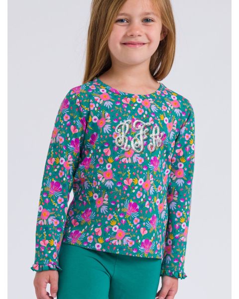 Emerald Floral Knit Long Sleeve Ruffle Layering Tee