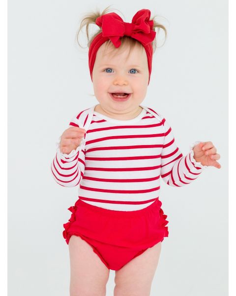 Red & White Stripe Knit Long Sleeve Ruffle Layering Bodysuit
