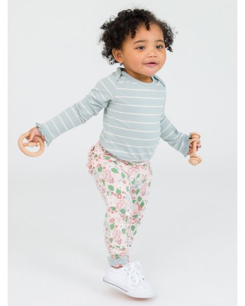 Cloud Blue and Ivory Stripe Knit Long Sleeve Ruffle Layering Bodysuit