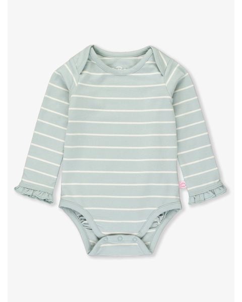 Cloud Blue and Ivory Stripe Knit Long Sleeve Ruffle Layering Bodysuit