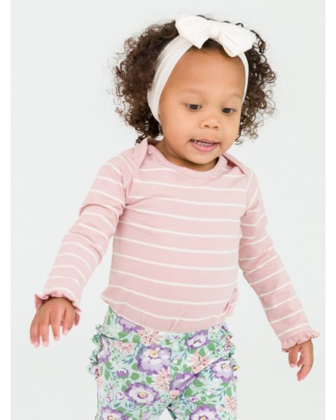 Soft Mauve and Ivory Stripe Knit Long Sleeve Ruffle Layering Bodysuit