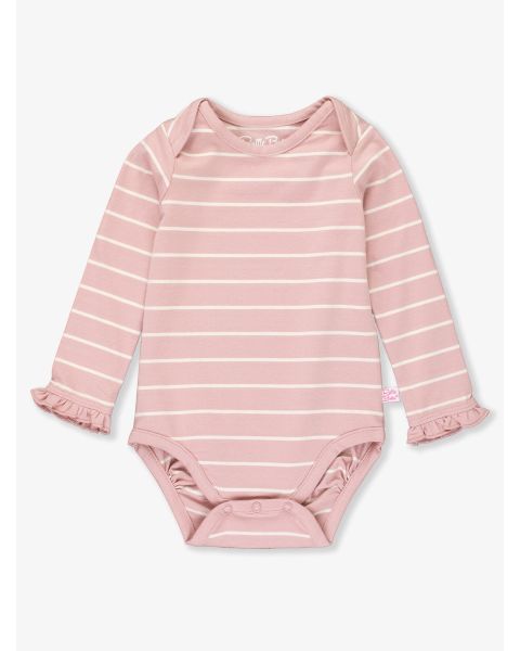 Soft Mauve and Ivory Stripe Knit Long Sleeve Ruffle Layering Bodysuit