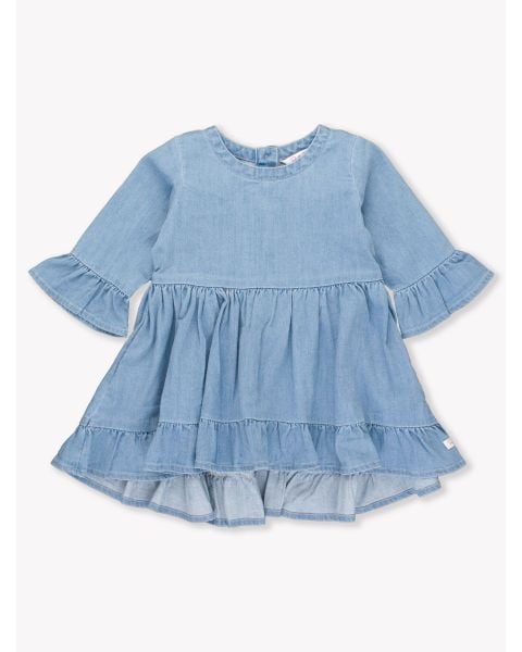 Light Wash Stretch Denim High Low Ruffle Tunic