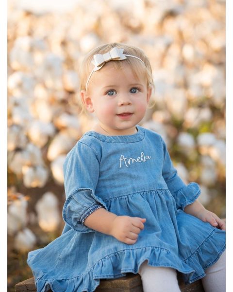 Light Wash Stretch Denim High Low Ruffle Tunic