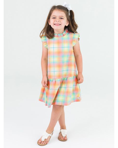 New Rainbow Plaid Mock Neck Sleeveless Flutter Dress