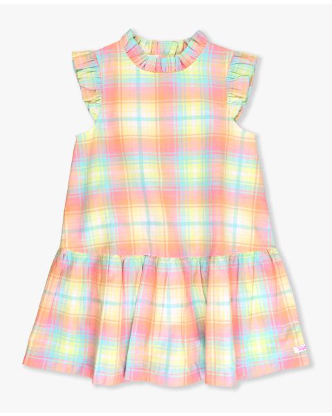 New Rainbow Plaid Mock Neck Sleeveless Flutter Dress