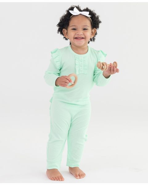 Mint Rib Knit Ruffle Henley Jumpsuit