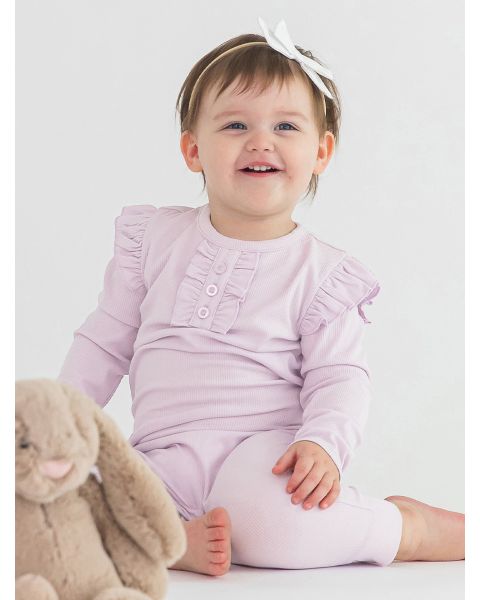 Lavender Fog Rib Knit Ruffle Henley Jumpsuit