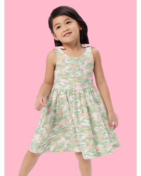Sage Blossom Camo Tie Shoulder Twirl Dress