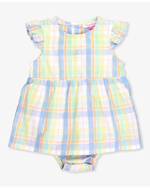 Clubhouse Rainbow Plaid Flutter Sleeve Skirted Romper