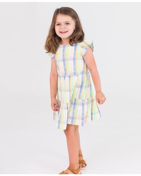 Clubhouse Rainbow Plaid Flutter Sleeve Tiered Dress