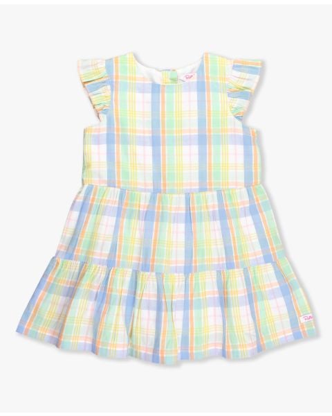 Clubhouse Rainbow Plaid Flutter Sleeve Tiered Dress