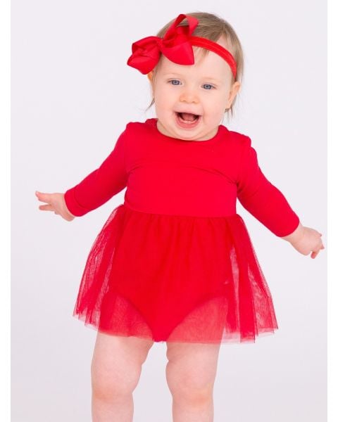 Red Long Sleeve Tulle Skirted Romper