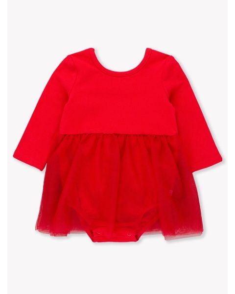 Red Long Sleeve Tulle Skirted Romper