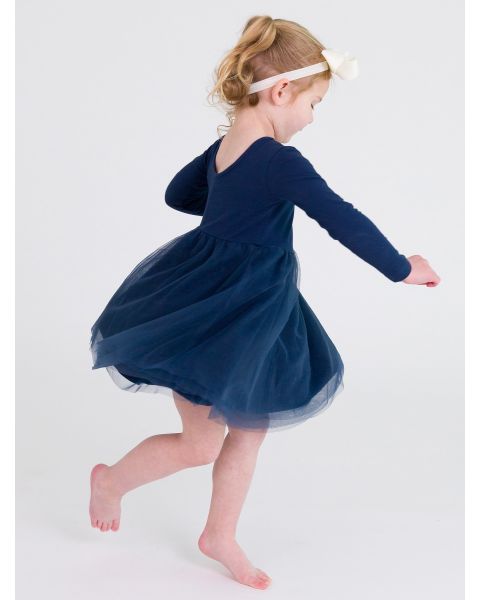Dark Navy Long Sleeve Tulle Twirl Dress