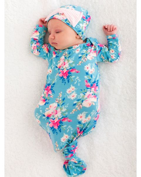 Fancy Me Floral Ruffle Knotted Sleep Gown & Hat Set