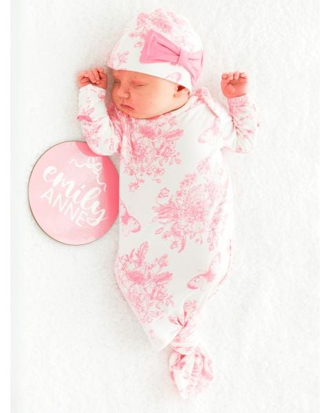 Bubblegum Pink Butterfly Toile Ruffle Knotted Sleep Gown & Hat Set