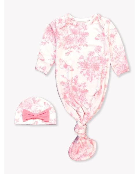 Bubblegum Pink Butterfly Toile Ruffle Knotted Sleep Gown & Hat Set