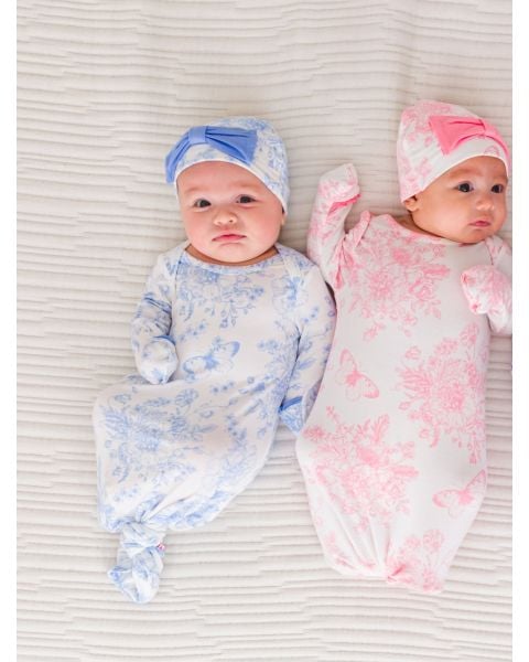 Periwinkle Blue Butterfly Garden Toile Ruffle Knotted Sleep Gown & Hat Set