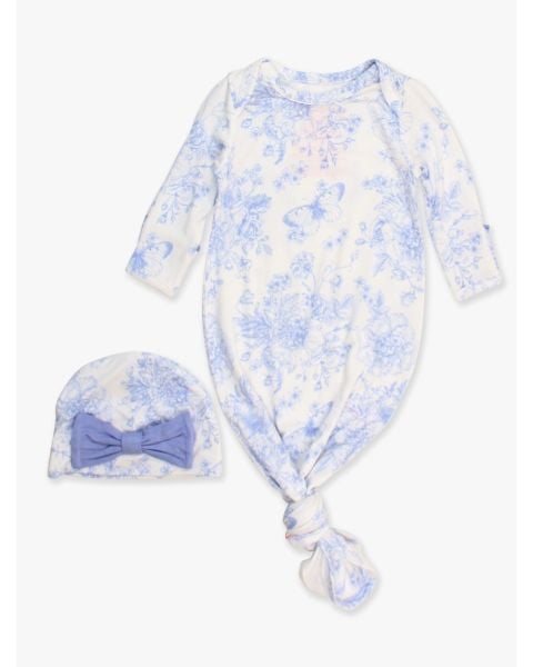 Periwinkle Blue Butterfly Garden Toile Ruffle Knotted Sleep Gown & Hat Set