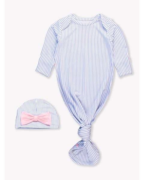 Periwinkle & White Micro Stripe Ruffle Knotted Sleep Gown & Hat Set