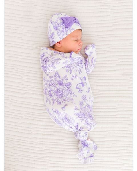 Wisteria Purple Butterfly Garden Toile Ruffle Knotted Sleep Gown & Hat Set