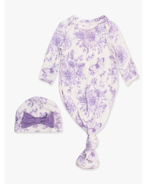Wisteria Purple Butterfly Garden Toile Ruffle Knotted Sleep Gown & Hat Set