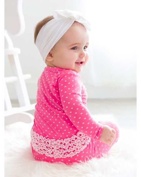 Hot Pink Heart Ruffle One Piece Footie Pajamas