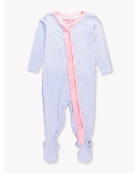 Periwinkle & White Micro Stripe Ruffle One Piece Footie Pajamas