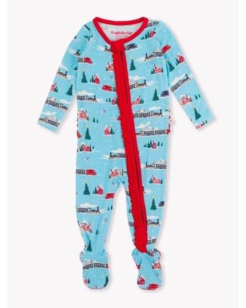 All Aboard Ruffle One Piece Footie Pajama, Bamboo Viscose