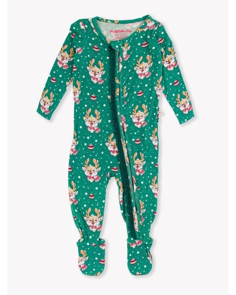 Reindeer Cheer Ruffle One Piece Footie Pajama, Bamboo Viscose