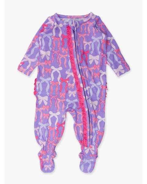 Rosy Ribbons Ruffle One Piece Footie Pajama, Bamboo Viscose