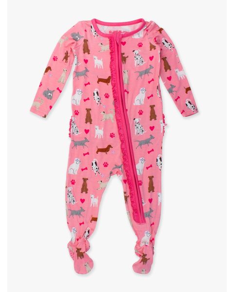 Pink Puppy Playtime Ruffle One Piece Footie Pajama, Bamboo Viscose