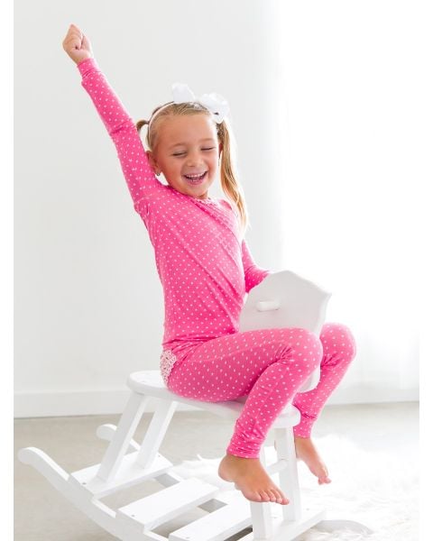 Hot Pink Heart Polka Dot Toddler Ruffle Long Sleeve Pajama Set, Bamboo Viscose