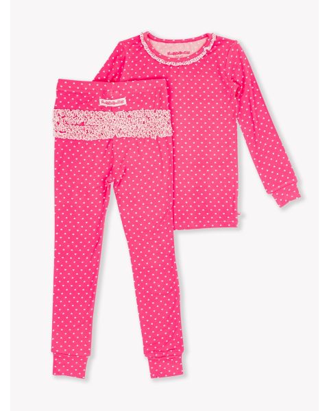 Hot Pink Heart Polka Dot Toddler Ruffle Long Sleeve Pajama Set, Bamboo Viscose