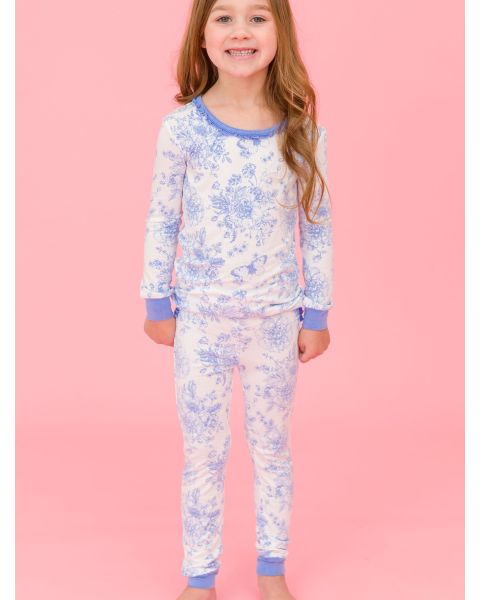 Periwinkle Blue Butterfly Garden Toile Toddler Ruffle Long Sleeve Pajama Set, Bamboo Viscose