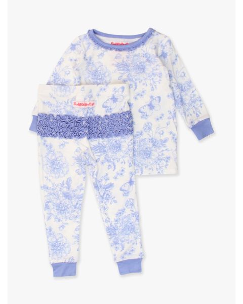 Periwinkle Blue Butterfly Garden Toile Toddler Ruffle Long Sleeve Pajama Set, Bamboo Viscose