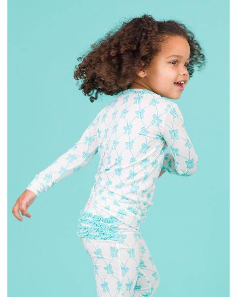 Teal Fairytale Bows Toddler Ruffle Long Sleeve Pajama Set, Bamboo Viscose