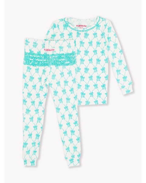 Teal Fairytale Bows Toddler Ruffle Long Sleeve Pajama Set, Bamboo Viscose