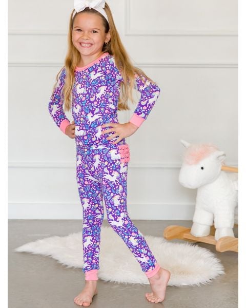 Unicorn Meadow Toddler Ruffle Long Sleeve Pajama Set, Bamboo Viscose