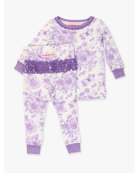 Wisteria Purple Butterfly Garden Toile Toddler Ruffle Long Sleeve Pajama Set, Bamboo Viscose