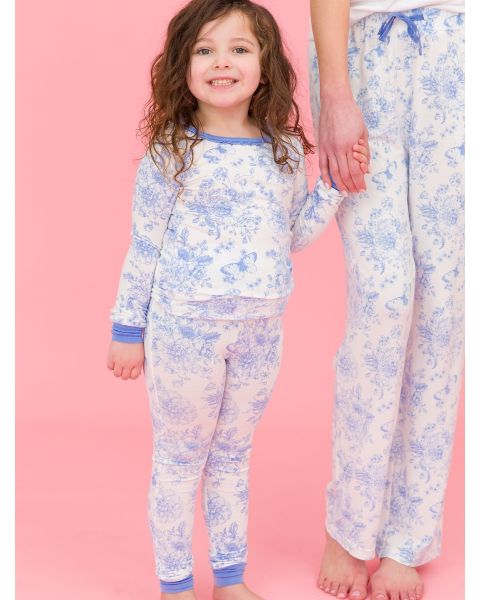 Periwinkle Blue Butterfly Garden Toile Ruffle Long Sleeve Pajama Set