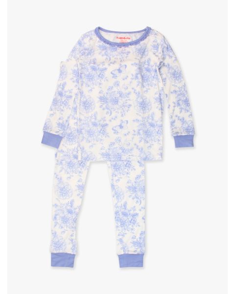 Periwinkle Blue Butterfly Garden Toile Ruffle Long Sleeve Pajama Set