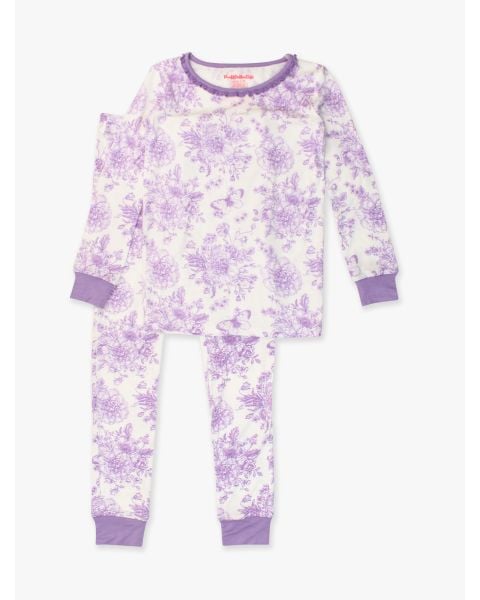 Wisteria Purple Butterfly Garden Toile Ruffle Long Sleeve Pajama Set