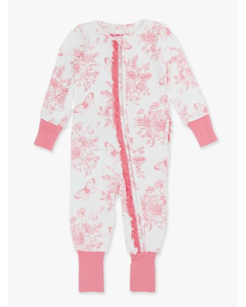 Pink Butterfly Garden Toile Convertible Ruffle One Piece Pajama, Bamboo Viscose