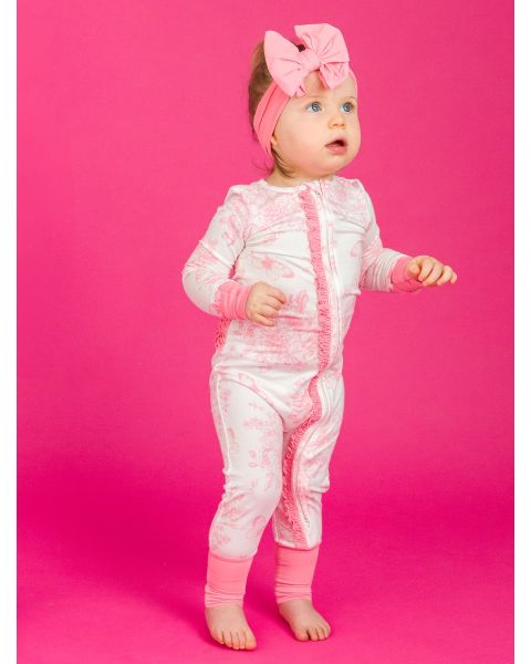Pink Butterfly Garden Toile Convertible Ruffle One Piece Pajama, Bamboo Viscose